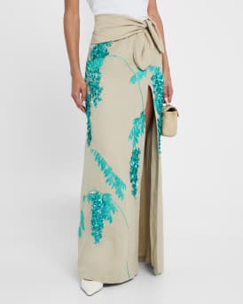 Floral Sequin Embroidered Linen Slit Maxi Skirt