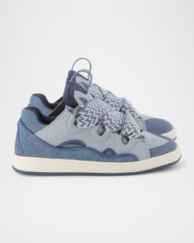 Boy's Curb Leather and Denim Chunky Low-Top Sneakers, Kids