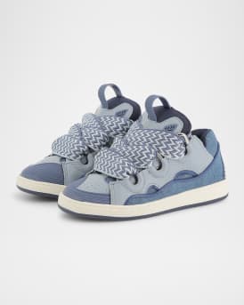 Boy's Curb Leather and Denim Chunky Low-Top Sneakers, Kids
