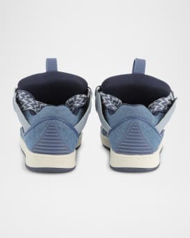 Boy's Curb Leather and Denim Chunky Low-Top Sneakers, Kids
