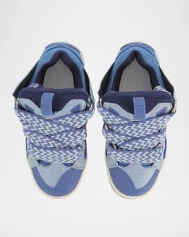 Boy's Curb Leather and Denim Chunky Low-Top Sneakers, Kids