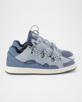 Boy's Curb Leather and Denim Chunky Low-Top Sneakers, Kids