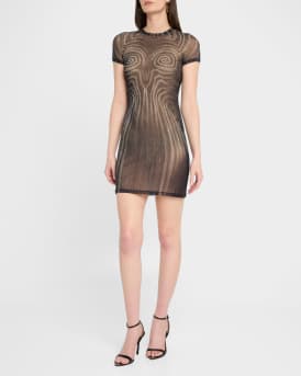 Spiral Body Morphing-Print Mesh Mini Dress