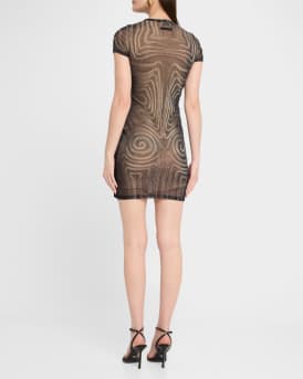 Spiral Body Morphing-Print Mesh Mini Dress