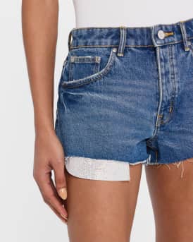 Cut-Off Denim Shorts with Rhinestone Pockets