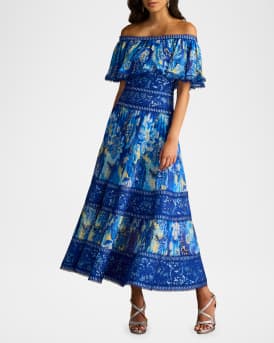 Off-Shoulder Floral-Print & Lace Midi Dress
