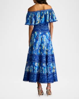 Off-Shoulder Floral-Print & Lace Midi Dress