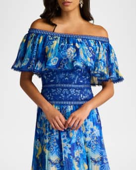 Off-Shoulder Floral-Print & Lace Midi Dress