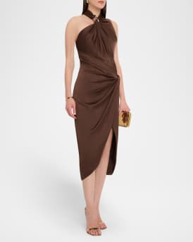 Pleated Bodycon Crepe Back Satin Midi Dress