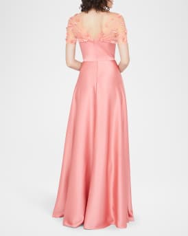 Luella Floral Applique Illusion Shawl Gown