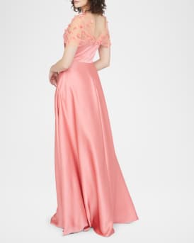 Luella Floral Applique Illusion Shawl Gown
