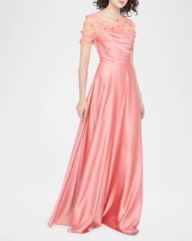Luella Floral Applique Illusion Shawl Gown
