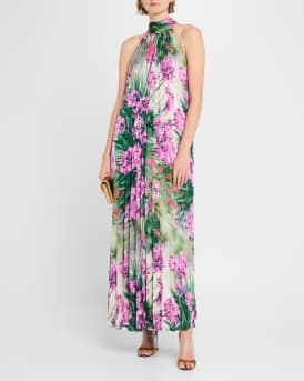 Pleated Floral-Print Halter Gown