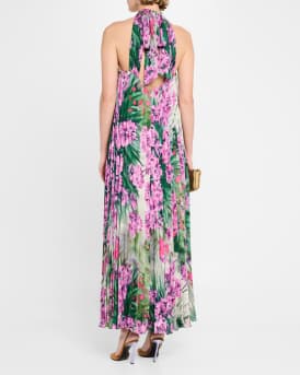 Pleated Floral-Print Halter Gown