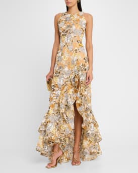 Sicilia Sleeveless Floral-Print Ruffle Gown