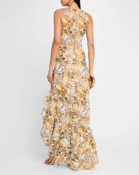 Sicilia Sleeveless Floral-Print Ruffle Gown