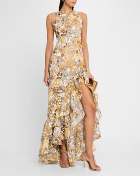 Sicilia Sleeveless Floral-Print Ruffle Gown