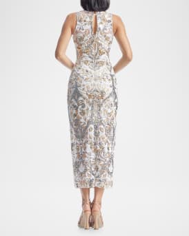 Helena Beaded Floral Applique Midi Dress