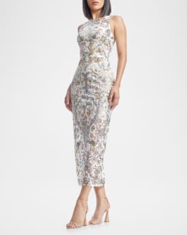 Helena Beaded Floral Applique Midi Dress