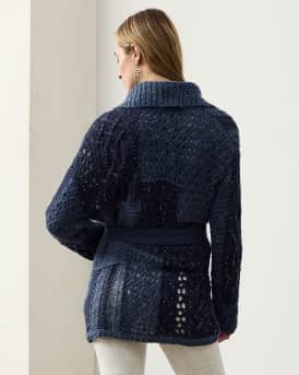 Patchwork Silk-Linen Belted Cardigan