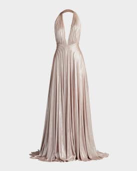 Backless Draped Deep V-Neck Gown