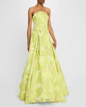 Pleated Strapless Floral Jacquard Gown