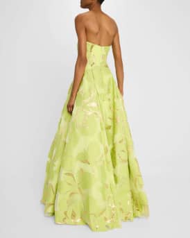 Pleated Strapless Floral Jacquard Gown