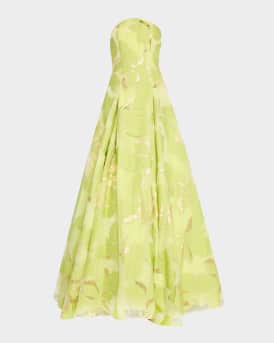 Pleated Strapless Floral Jacquard Gown