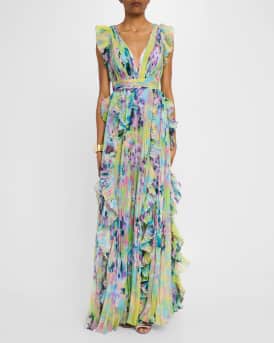 Pleated Ruffle-Trim Chiffon Gown