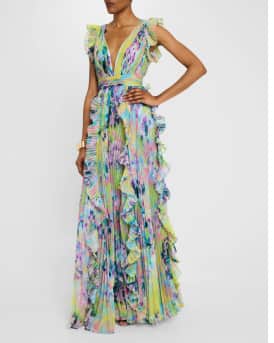 Pleated Ruffle-Trim Chiffon Gown