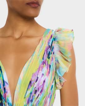 Pleated Ruffle-Trim Chiffon Gown