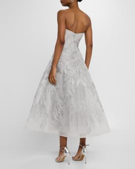 Strapless Metallic Embroidered Tea-Length Cocktail Dress