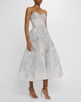 Strapless Metallic Embroidered Tea-Length Cocktail Dress