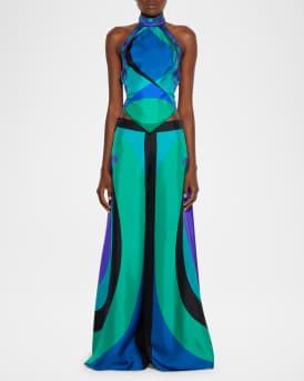 Pesci-Print Silk Twill Halter Scarf Top