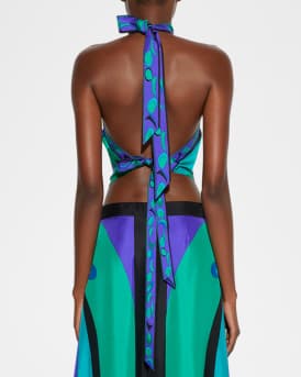 Pesci-Print Silk Twill Halter Scarf Top