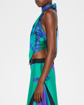 Pesci-Print Silk Twill Halter Scarf Top