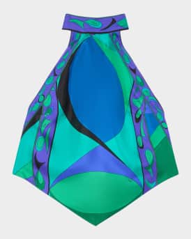 Pesci-Print Silk Twill Halter Scarf Top