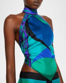 Pesci-Print Silk Twill Halter Scarf Top
