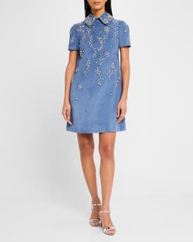 Crystal Suede Short-Sleeve Mini Shift Dress