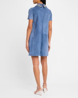 Crystal Suede Short-Sleeve Mini Shift Dress