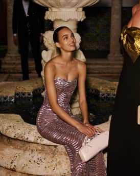 Strapless Wave Embroidered Tulle Gown