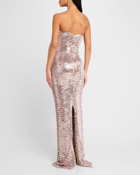 Strapless Wave Embroidered Tulle Gown