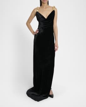 Button Cowl-Neck Velvet Slit Maxi Dress