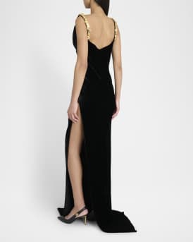 Button Cowl-Neck Velvet Slit Maxi Dress