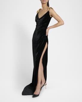 Button Cowl-Neck Velvet Slit Maxi Dress