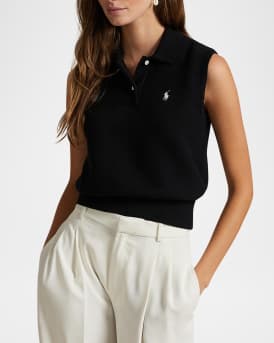 Cotton Cropped Sleeveless Polo Sweater
