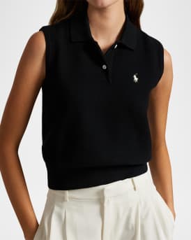 Cotton Cropped Sleeveless Polo Sweater