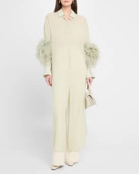 Lightweight Georgette Long Button-Down Shirt With Feathers
