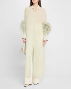 Lightweight Georgette Long Button-Down Shirt With Feathers