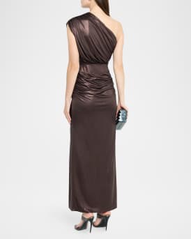 Coated Jersey Ruched One-Shoulder Gown